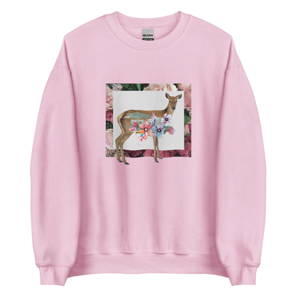Light Pink Floral Deer Sweatshirt featuring a beautifully detailed vibrant Floral Deer graphic on the chest - Cute Graphic Deer Sweatshirts - Boozy Fox