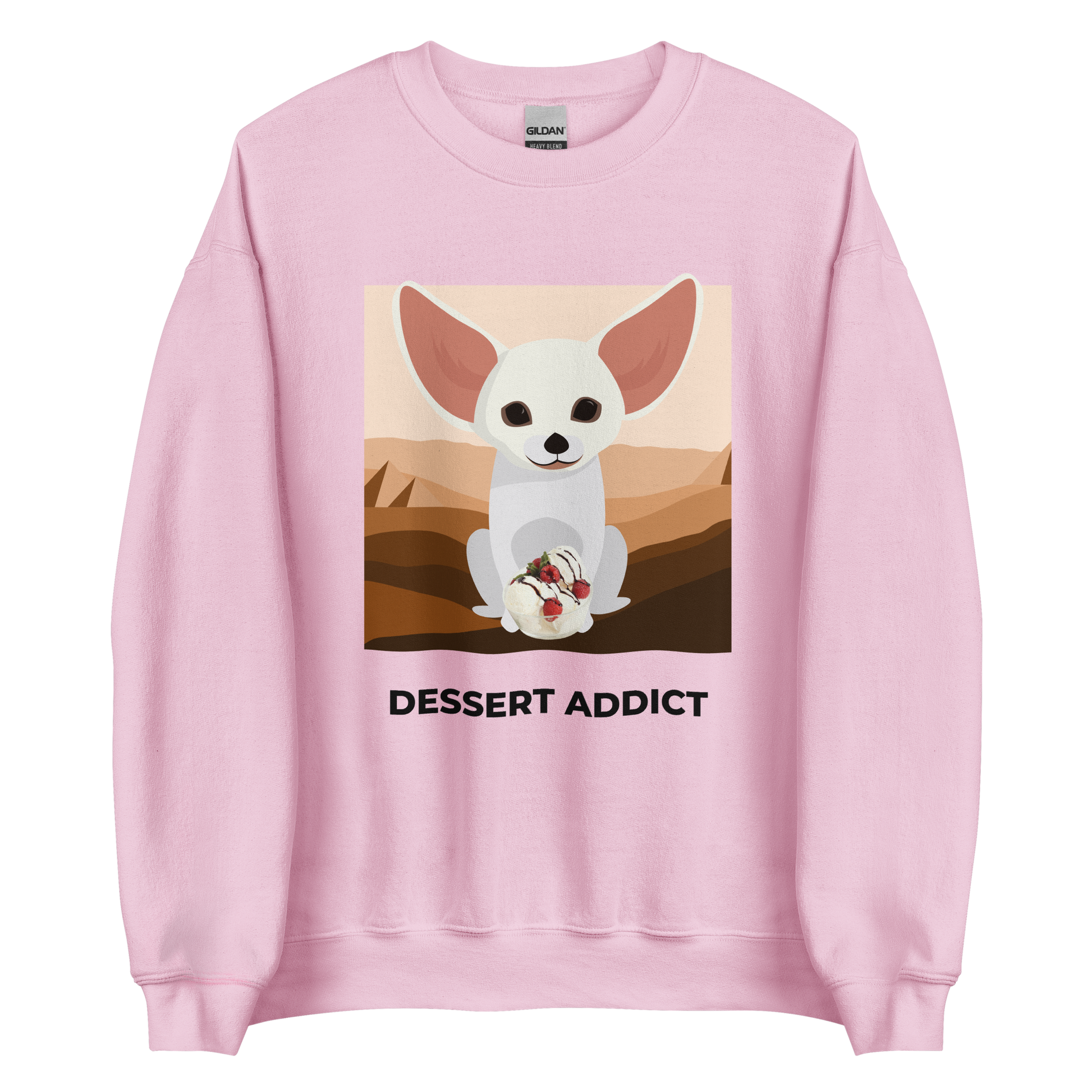 Light Pink Fennec Fox Sweatshirt featuring a cute Dessert Addict graphic on the chest - Funny Graphic Fennec Fox Sweatshirts - Boozy Fox