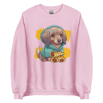 Light Pink Sausage Dog Sweatshirt featuring an adorable Sausage Roll Dachshund graphic on the chest - Funny Graphic Sausage Dog Sweatshirts - Boozy Fox