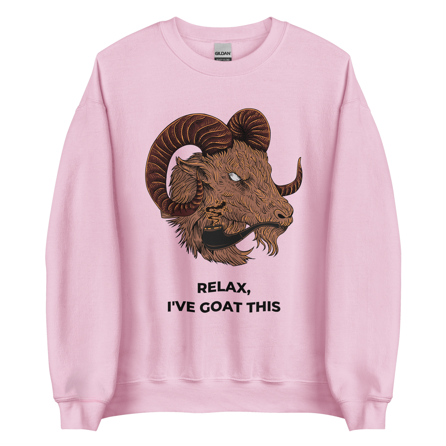 Light Pink Goat Sweatshirt featuring a fierce Relax I've Goat This graphic on the chest - Funny Graphic Goat Sweatshirts - Boozy Fox