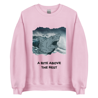 Light Pink Megalodon Sweatshirt featuring the 'A Bite Above the Rest' graphic on the chest - Funny Graphic Megalodon Sweatshirts - Boozy Fox