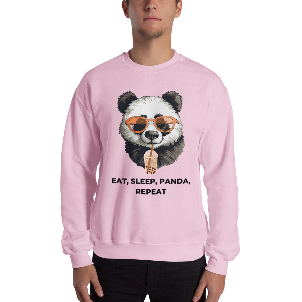 Man wearing a Light Pink Panda Sweatshirt featuring an adorable Eat, Sleep, Panda, Repeat graphic on the chest - Funny Graphic Panda Sweatshirts - Boozy Fox