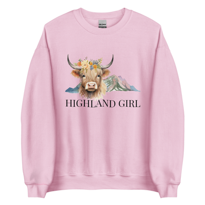 Light Pink Highland Cow Sweatshirt featuring an adorable Highland Girl graphic on the chest - Cute Graphic Highland Cow Sweatshirts - Boozy Fox
