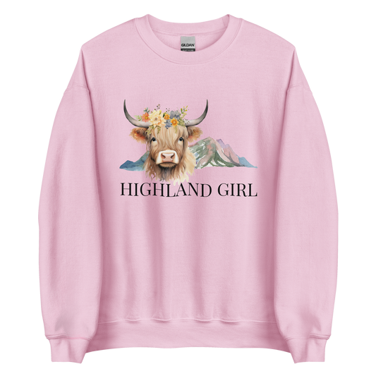 Light Pink Highland Cow Sweatshirt featuring an adorable Highland Girl graphic on the chest - Cute Graphic Highland Cow Sweatshirts - Boozy Fox