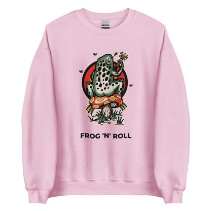 Light Pink Frog Sweatshirt featuring the hilarious Frog 'n' Roll graphic on the chest - Funny Graphic Frog Sweatshirts - Boozy Fox