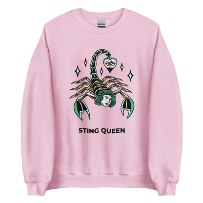 Light Pink Scorpion Sweatshirt featuring the Sting Queen graphic on the chest - Cool Graphic Scorpion Sweatshirts - Boozy Fox