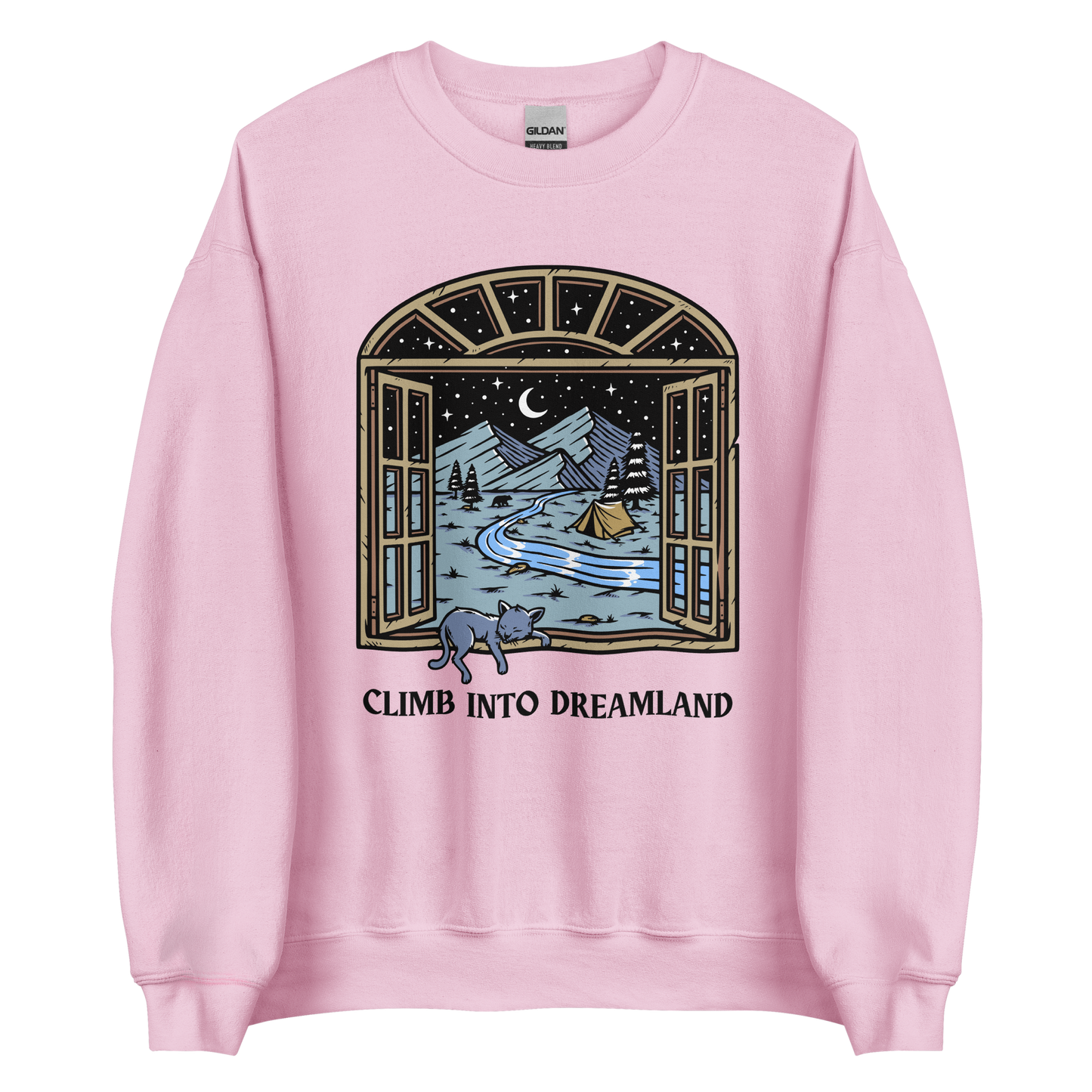 Light Pink Climb Into Dreamland Sweatshirt featuring a mesmerizing mountain view graphic on the chest - Cool Graphic Nature Sweatshirts - Boozy Fox