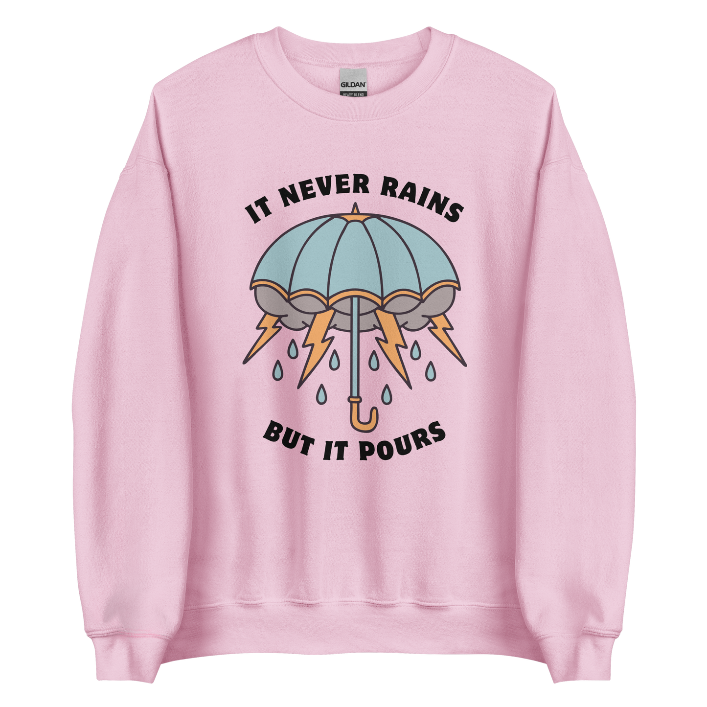 Light Pink Umbrella Sweatshirt featuring a unique It Never Rains But It Pours graphic on the chest - Cool Tattoo-Inspired Graphic Umbrella Sweatshirts - Boozy Fox