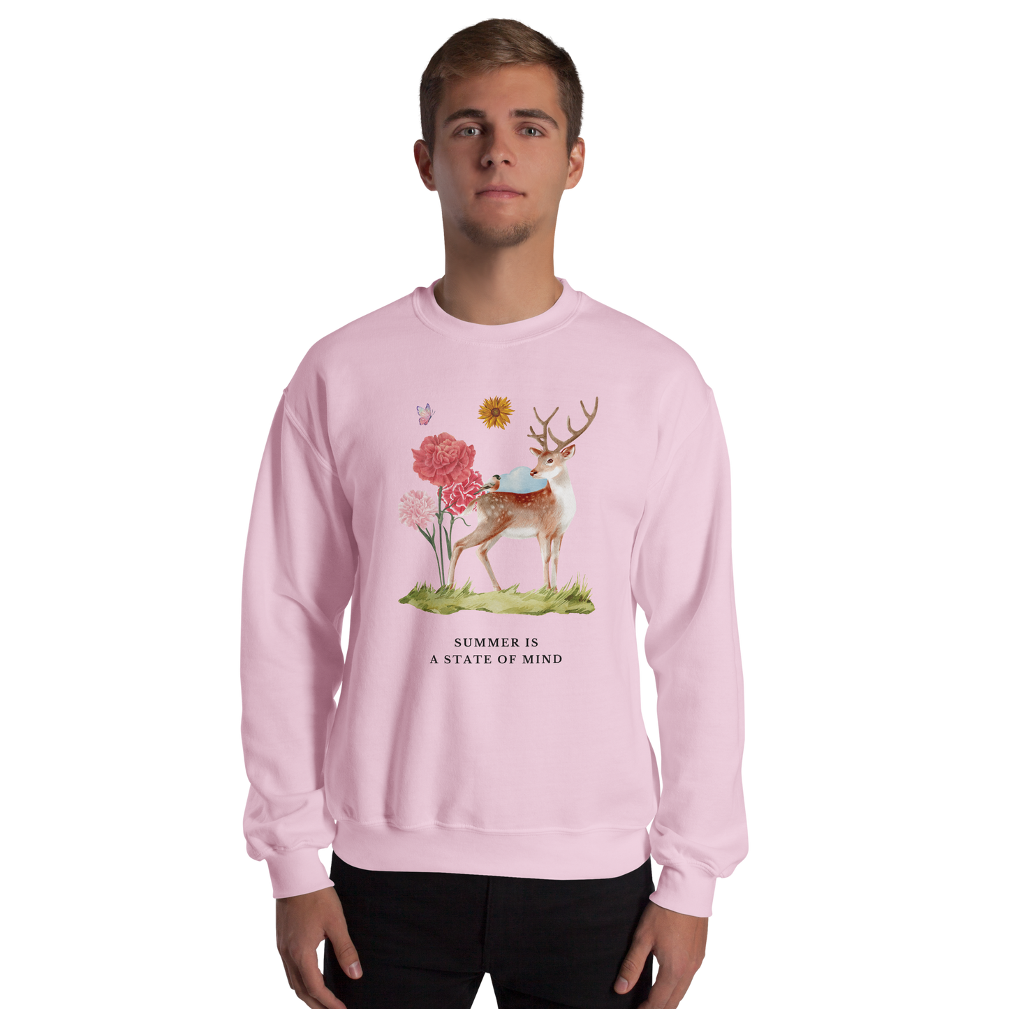 Man wearing a Light Pink Summer Is a State of Mind Sweatshirt featuring a Summer Is a State of Mind graphic on the chest - Cute Graphic Summer Sweatshirts - Boozy Fox
