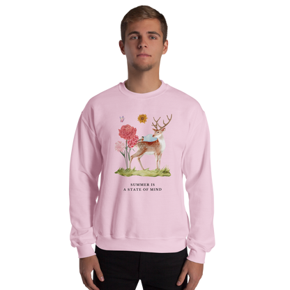 Man wearing a Light Pink Summer Is a State of Mind Sweatshirt featuring a Summer Is a State of Mind graphic on the chest - Cute Graphic Summer Sweatshirts - Boozy Fox