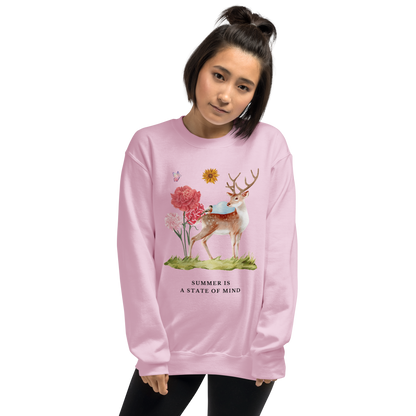 Woman wearing a Light Pink Summer Is a State of Mind Sweatshirt featuring a Summer Is a State of Mind graphic on the chest - Cute Graphic Summer Sweatshirts - Boozy Fox