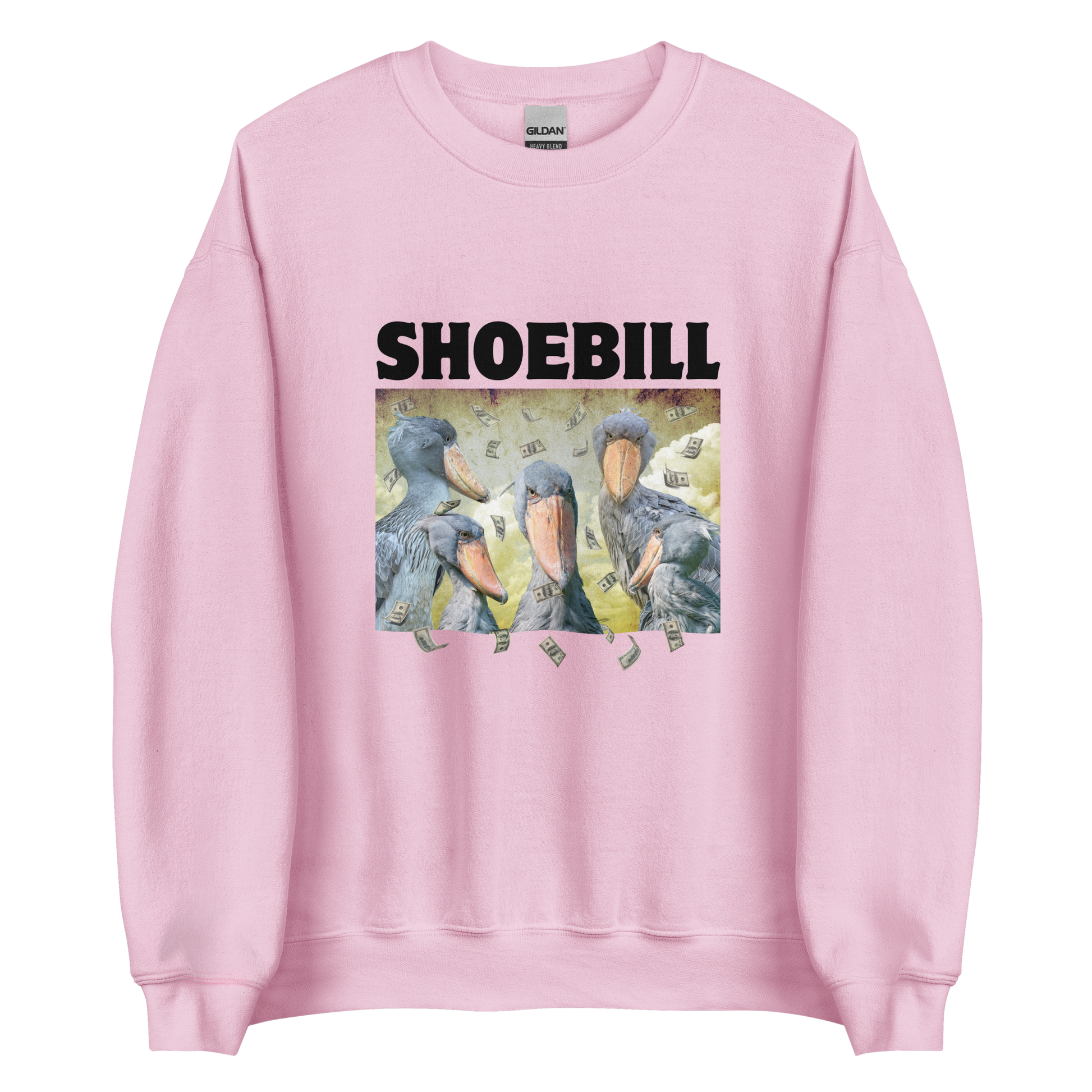Light Pink Shoebill Sweatshirt featuring a cool Shoebill graphic on the chest - Artsy/Funny Graphic Shoebill Stork Sweatshirts - Boozy Fox