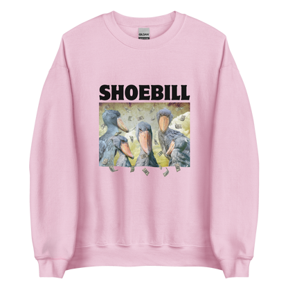 Light Pink Shoebill Sweatshirt featuring a cool Shoebill graphic on the chest - Artsy/Funny Graphic Shoebill Stork Sweatshirts - Boozy Fox