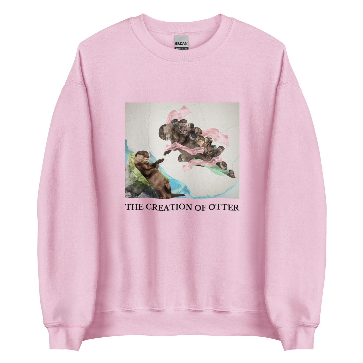 Light Pink Otter Sweatshirt featuring a playful The Creation of Otter parody of Michelangelo's masterpiece - Artsy/Funny Graphic Otter Sweatshirts - Boozy Fox