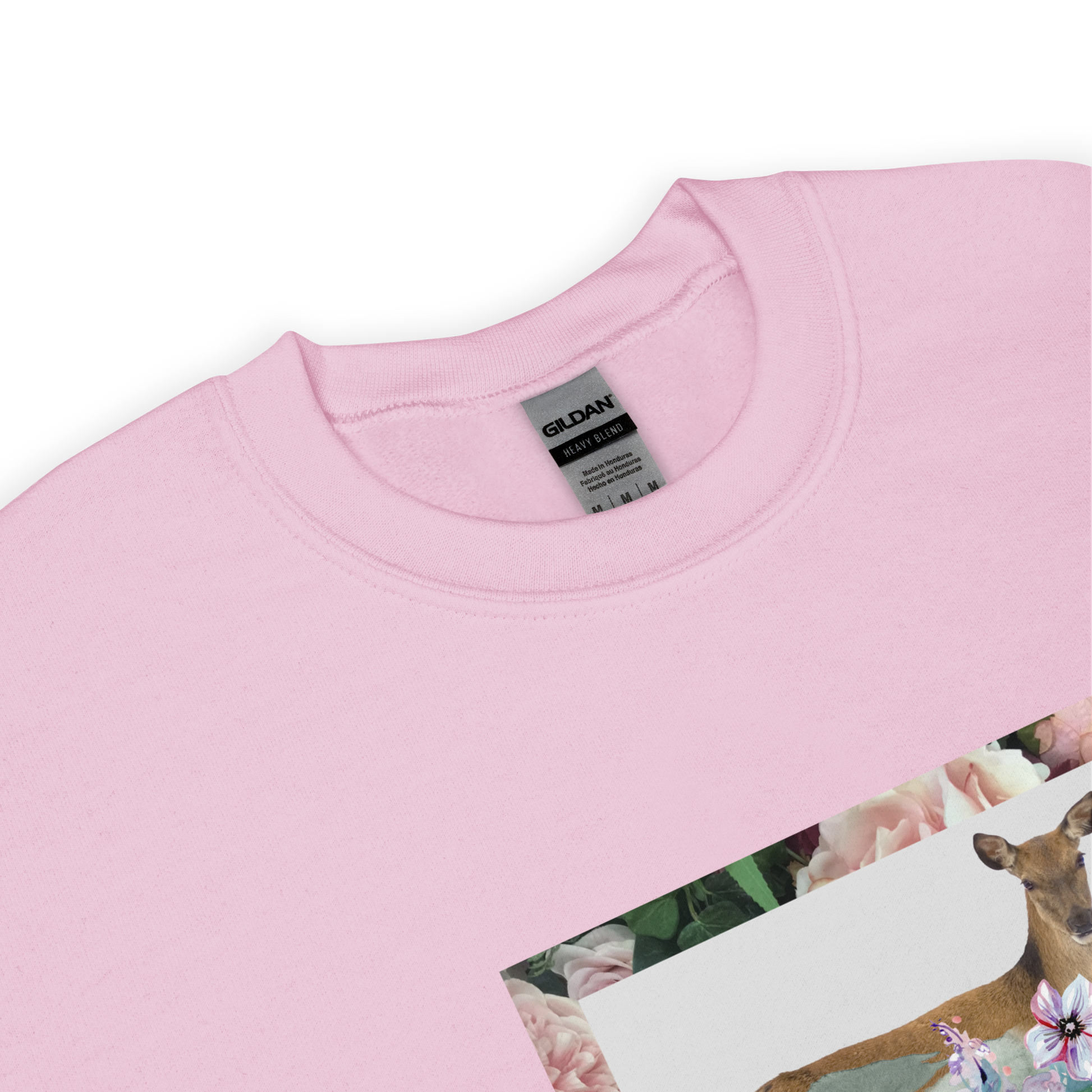 Front Details of a Light Pink Floral Deer Sweatshirt featuring a beautifully detailed vibrant Floral Deer graphic on the chest - Cute Graphic Deer Sweatshirts - Boozy Fox