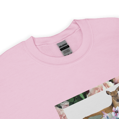 Front Details of a Light Pink Floral Deer Sweatshirt featuring a beautifully detailed vibrant Floral Deer graphic on the chest - Cute Graphic Deer Sweatshirts - Boozy Fox
