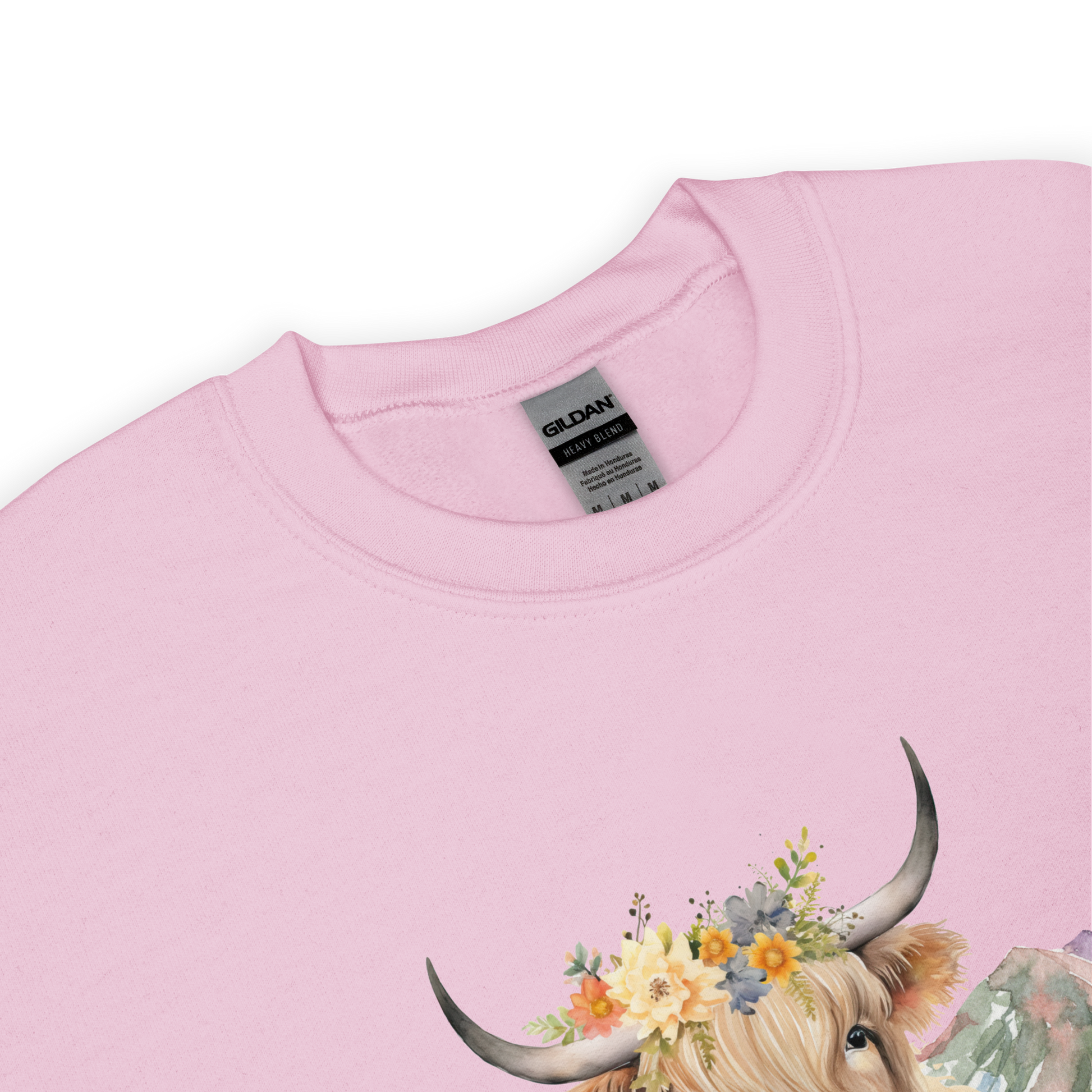 Product details of a Light Pink Highland Cow Sweatshirt featuring an adorable Highland Girl graphic on the chest - Cute Graphic Highland Cow Sweatshirts - Boozy Fox