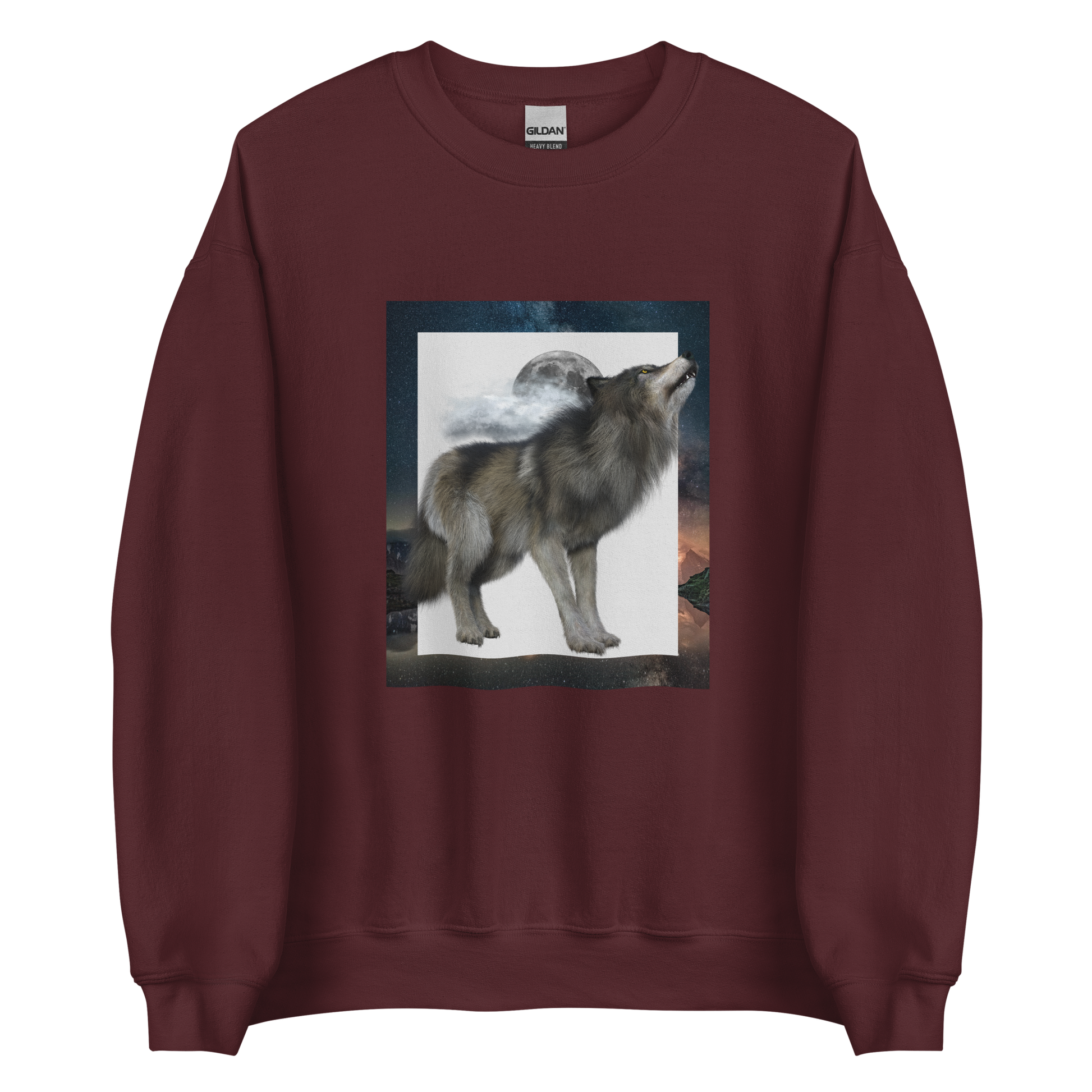 Maroon Wolf Sweatshirt featuring a fierce Wolf graphic on the chest - Cool Graphic Wolf Sweatshirts - Boozy Fox