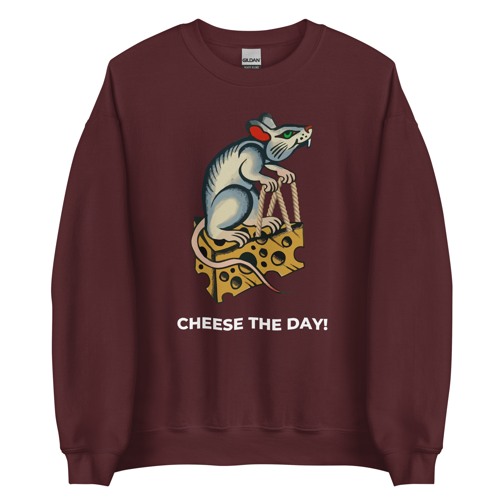 Maroon Rat Sweatshirt featuring a hilarious Cheese The Day graphic on the chest - Funny Graphic Rat Sweatshirts - Boozy Fox