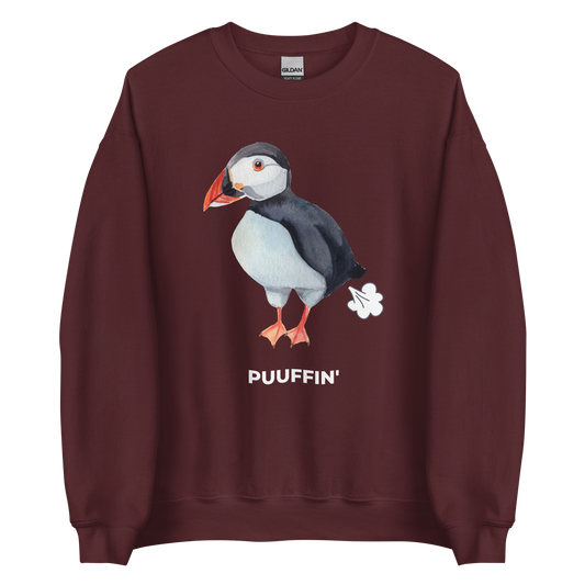 Maroon Puffin Sweatshirt featuring the comic Puuffin' graphic on the chest - Funny Graphic Puffin Sweatshirts - Boozy Fox