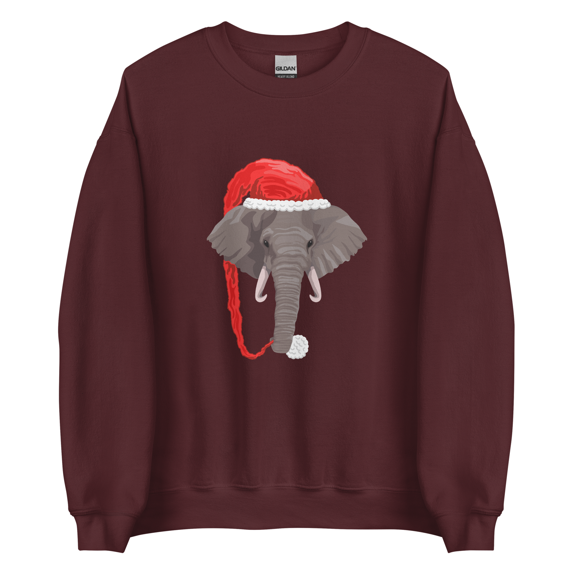 Maroon Christmas Elephant Sweatshirt featuring a delight Elephant Wearing an Elf Hat graphic on the chest - Funny Christmas Graphic Elephant Sweatshirts - Boozy Fox
