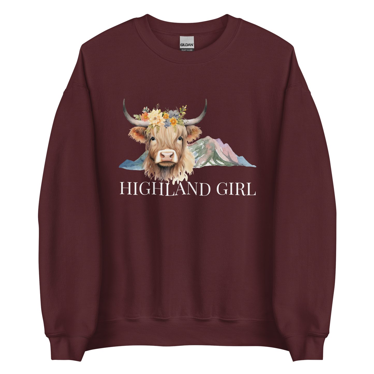 Maroon Highland Cow Sweatshirt featuring an adorable Highland Girl graphic on the chest - Cute Graphic Highland Cow Sweatshirts - Boozy Fox