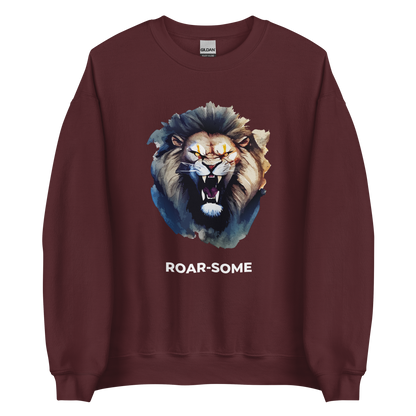 Maroon Lion Sweatshirt featuring a Roar-Some graphic on the chest - Cool Graphic Lion Sweatshirts - Boozy Fox