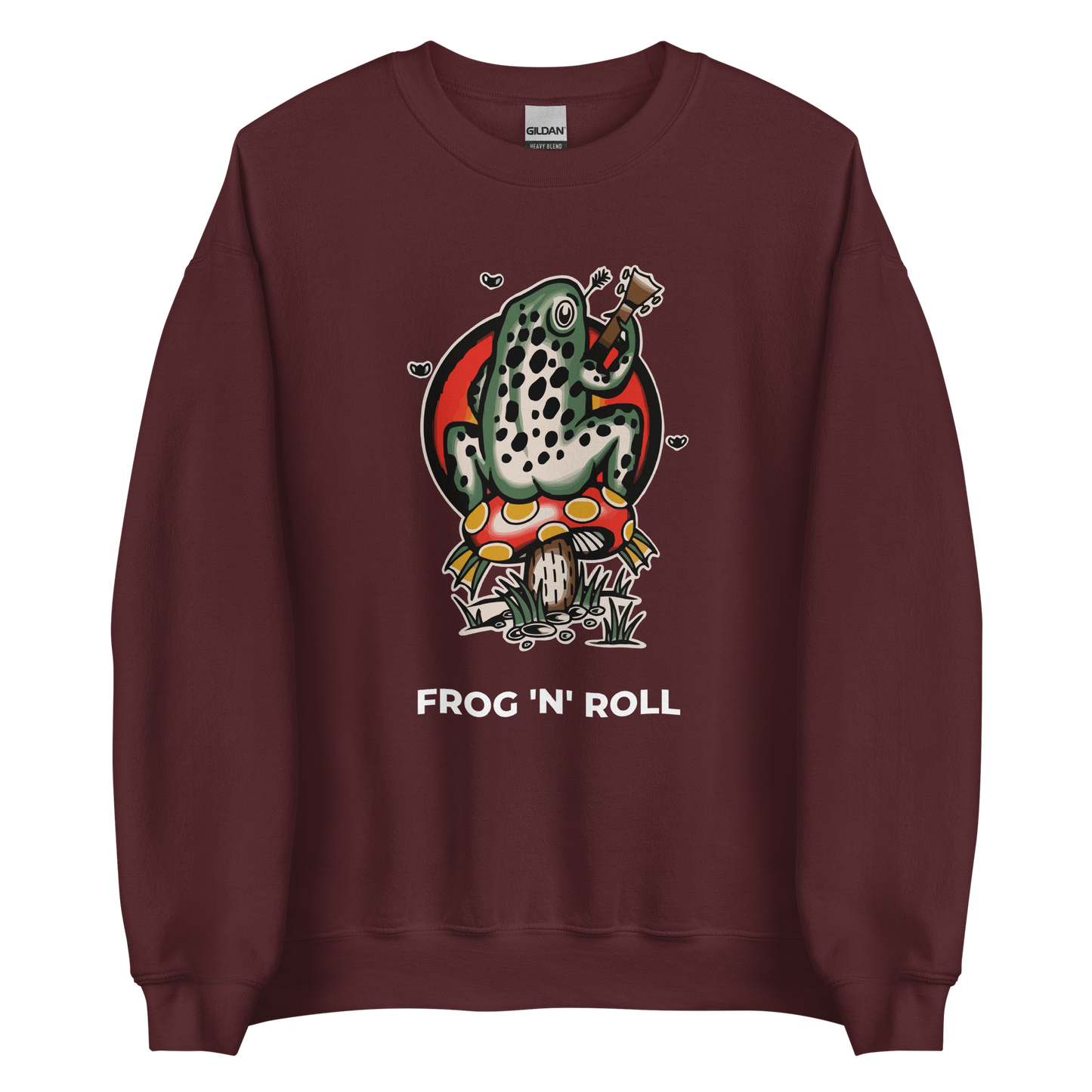 Maroon Frog Sweatshirt featuring the hilarious Frog 'n' Roll graphic on the chest - Funny Graphic Frog Sweatshirts - Boozy Fox