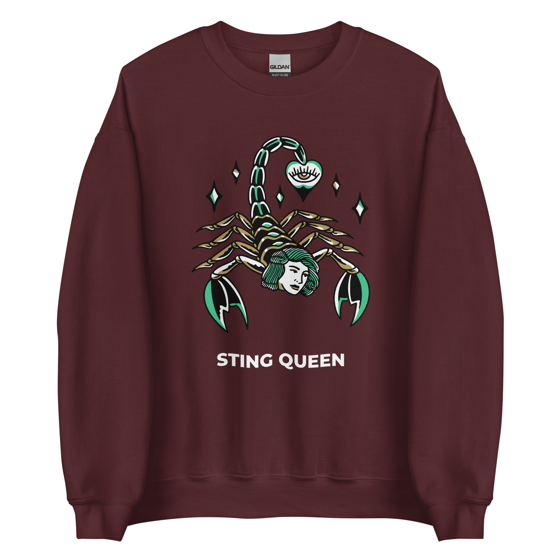 Maroon Scorpion Sweatshirt featuring the Sting Queen graphic on the chest - Cool Graphic Scorpion Sweatshirts - Boozy Fox