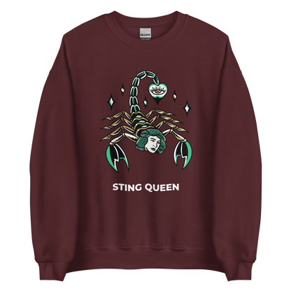 Maroon Scorpion Sweatshirt featuring the Sting Queen graphic on the chest - Cool Graphic Scorpion Sweatshirts - Boozy Fox