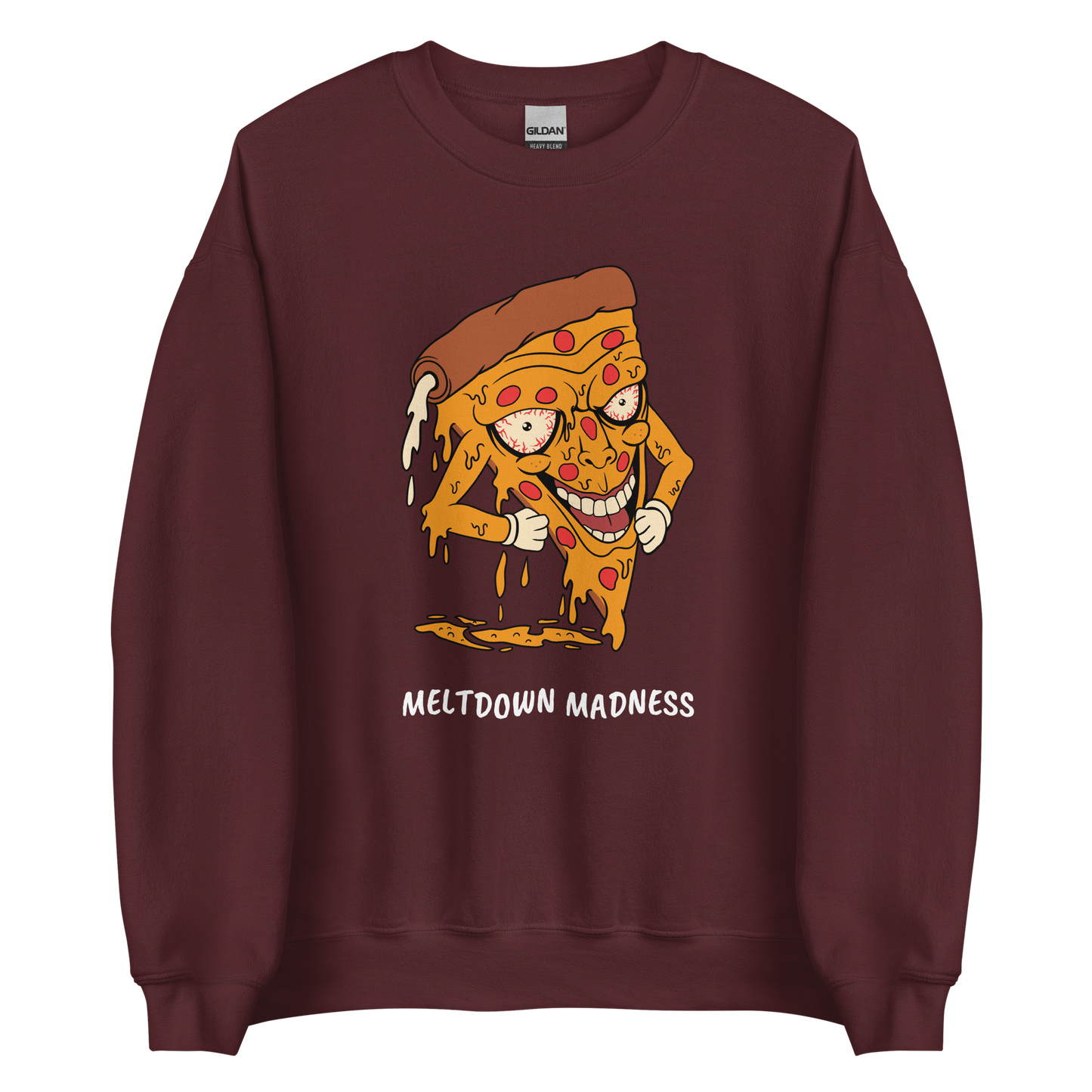Maroon Melting Pizza Sweatshirt featuring a Meltdown Madness graphic on the chest - Funny Graphic Pizza Sweatshirts - Boozy Fox