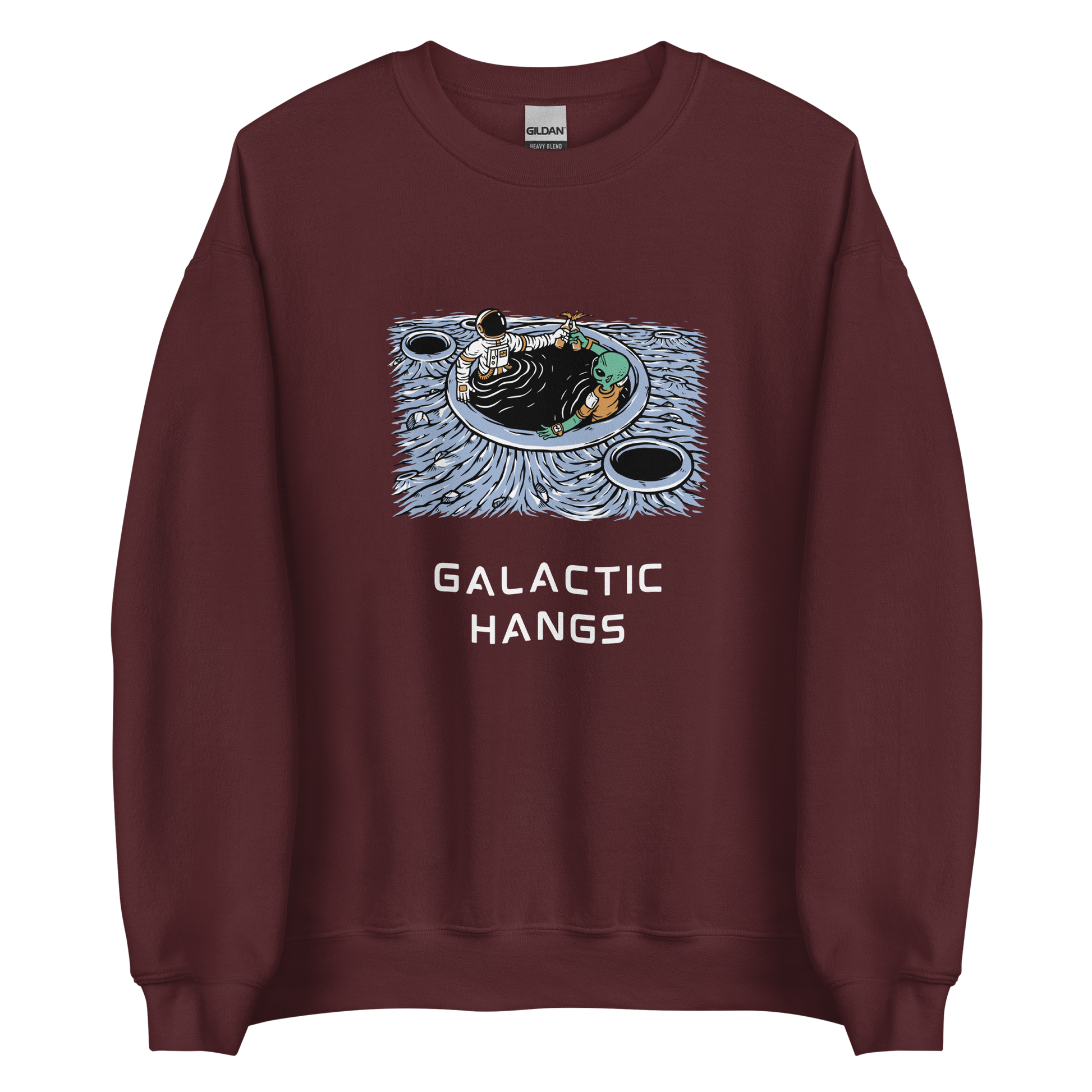 Maroon Galactic Hangs Sweatshirt featuring an out-of-this-world graphic of an Astronaut and Alien Chilling Together - Funny Graphic Space Sweatshirts - Boozy Fox