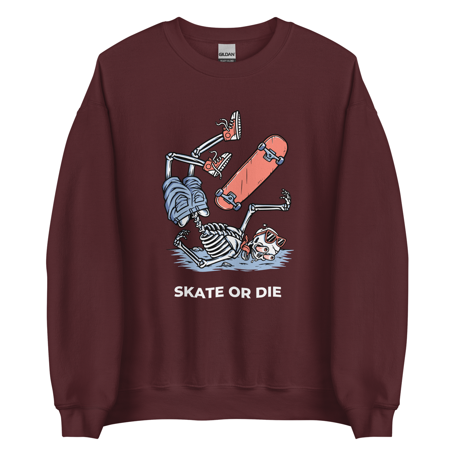 Maroon Skate or Die Sweatshirt featuring a daring Skeleton Falling While Skateboarding graphic on the chest - Cool Graphic Skeleton Sweatshirts - Boozy Fox
