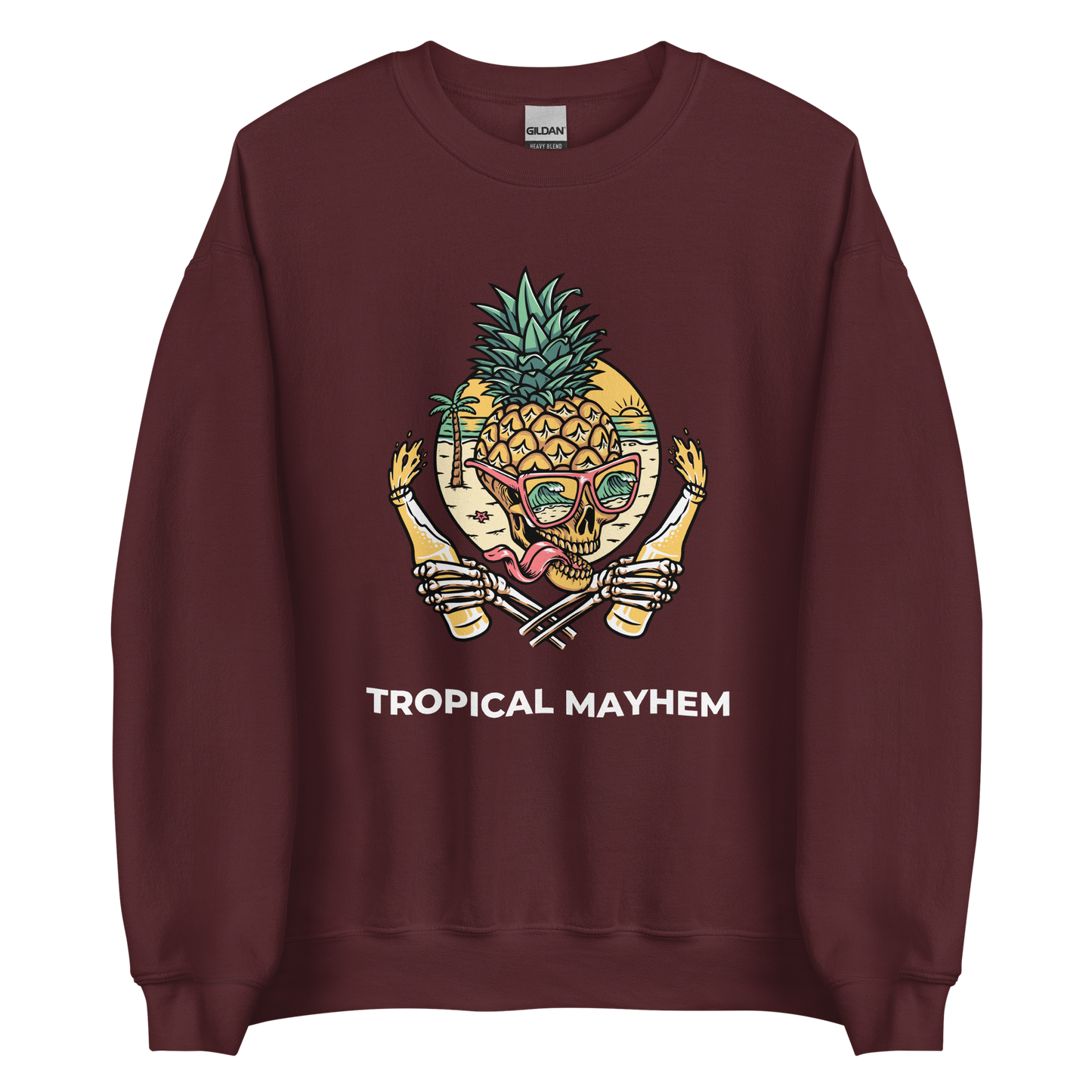 Maroon Tropical Mayhem Sweatshirt featuring a Crazy Pineapple Skull graphic on the chest - Funny Graphic Pineapple Sweatshirts - Boozy Fox