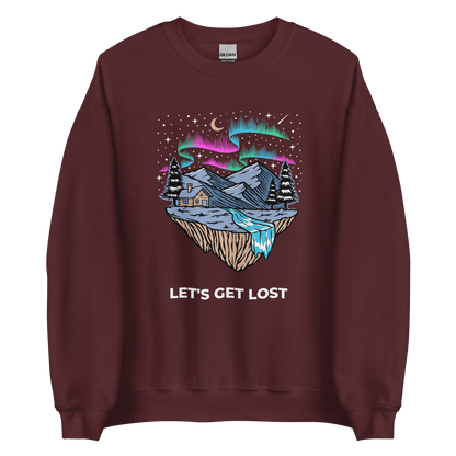 Maroon Let's Get Lost Sweatshirt featuring a mesmerizing night sky, adorned with stars and aurora borealis graphic on the chest - Cool Graphic Northern Lights Sweatshirts - Boozy Fox