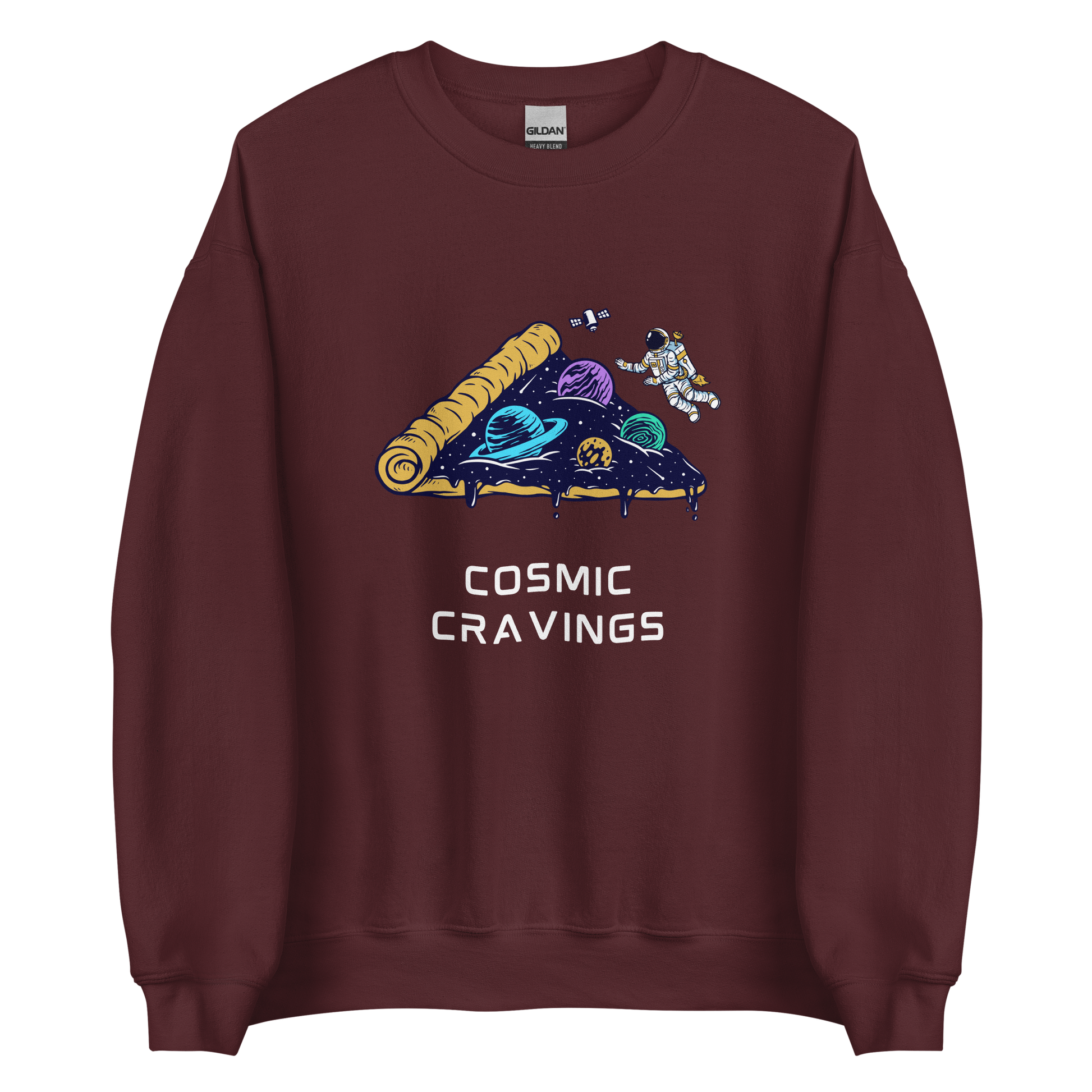 Maroon Cosmic Cravings Sweatshirt featuring an Astronaut Exploring a Pizza Universe graphic on the chest - Funny Graphic Space Sweatshirts - Boozy Fox