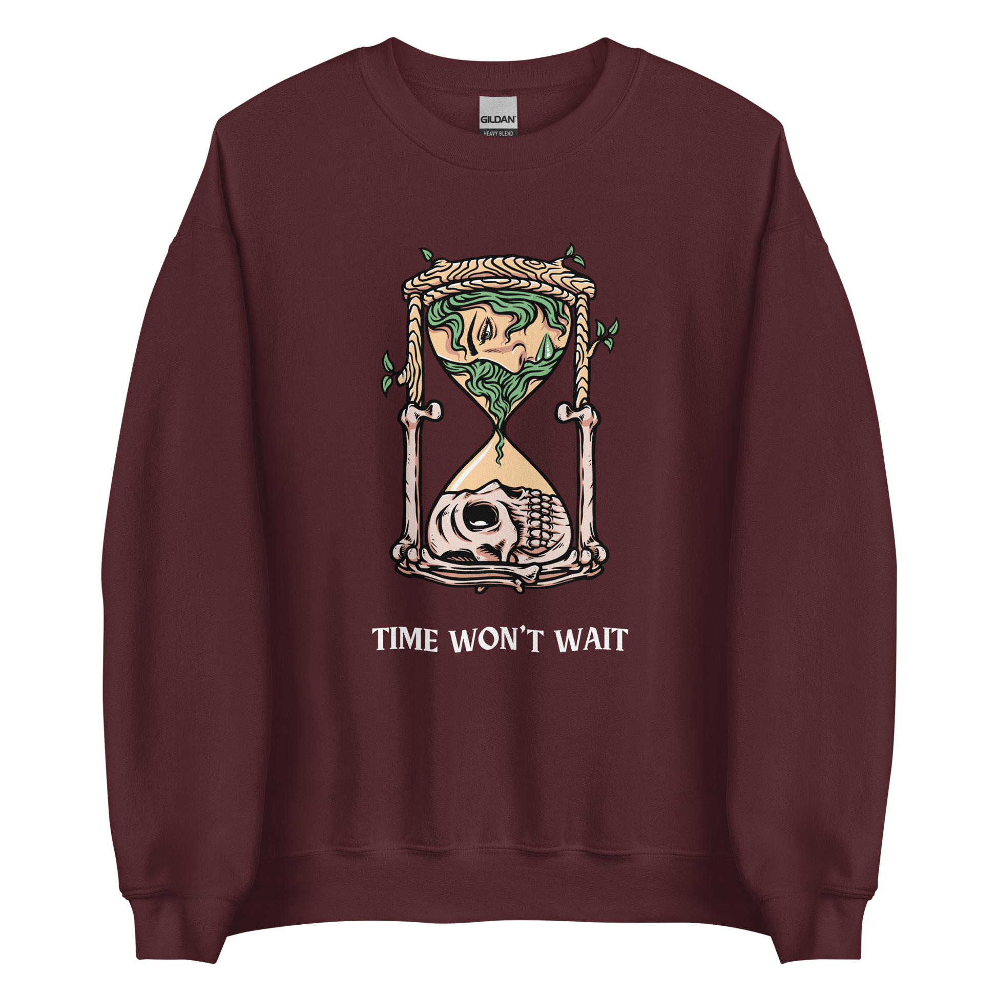 Maroon Hourglass Sweatshirt featuring a captivating Time Won't Wait graphic on the chest - Cool Graphic Hourglass Sweatshirts - Boozy Fox