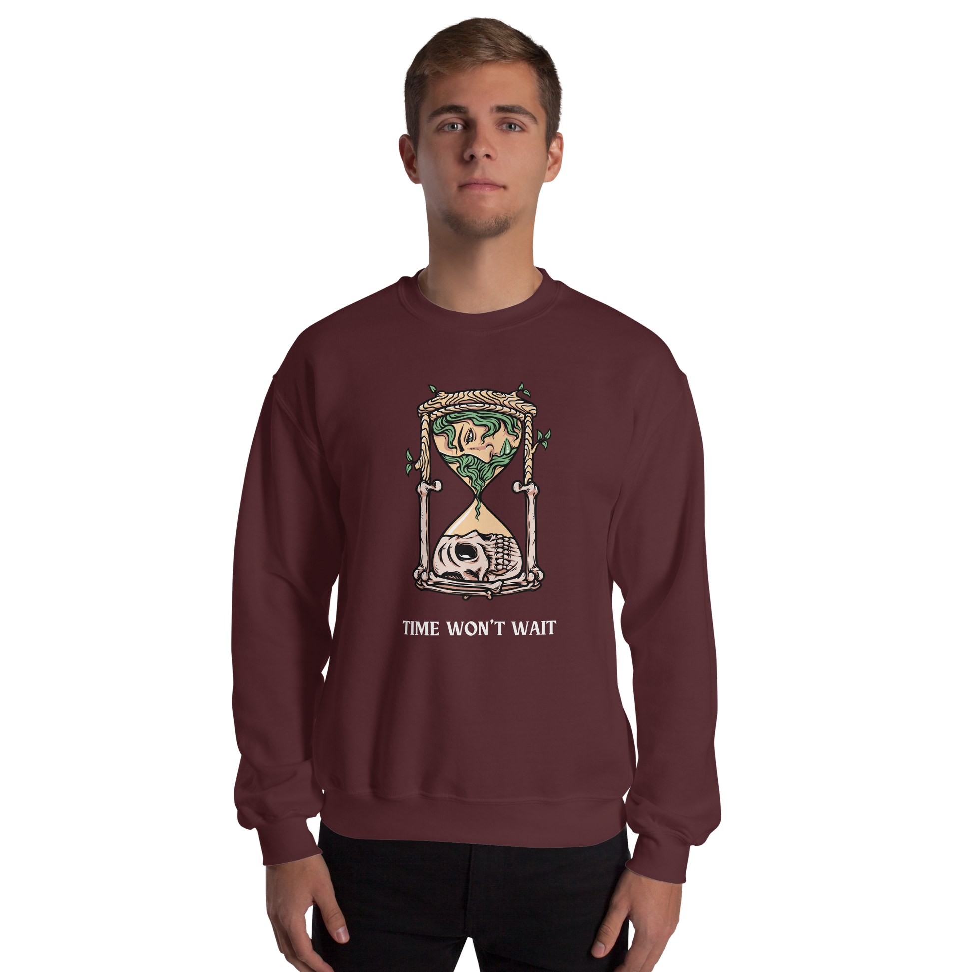 Man wearing a Maroon Hourglass Sweatshirt featuring a captivating Time Won't Wait graphic on the chest - Cool Graphic Hourglass Sweatshirts - Boozy Fox