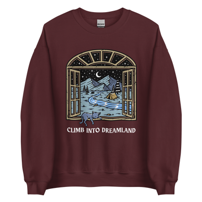 Maroon Climb Into Dreamland Sweatshirt featuring a mesmerizing mountain view graphic on the chest - Cool Graphic Nature Sweatshirts - Boozy Fox