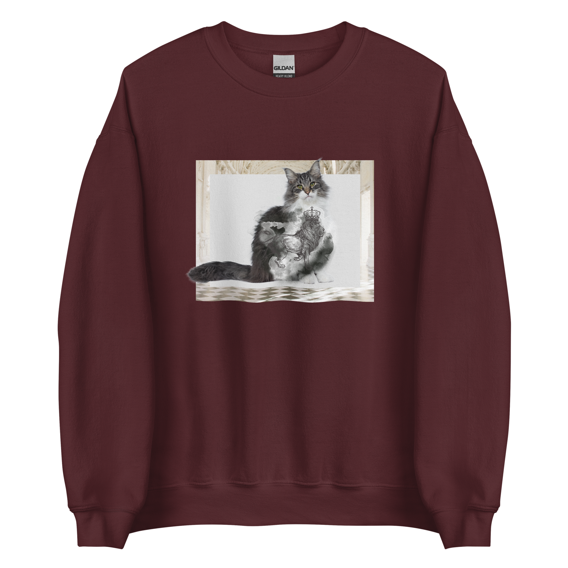 Maroon Royal Cat Sweatshirt featuring a Majestic Cat graphic on the chest - Cute Graphic Cat Sweatshirts - Boozy Fox