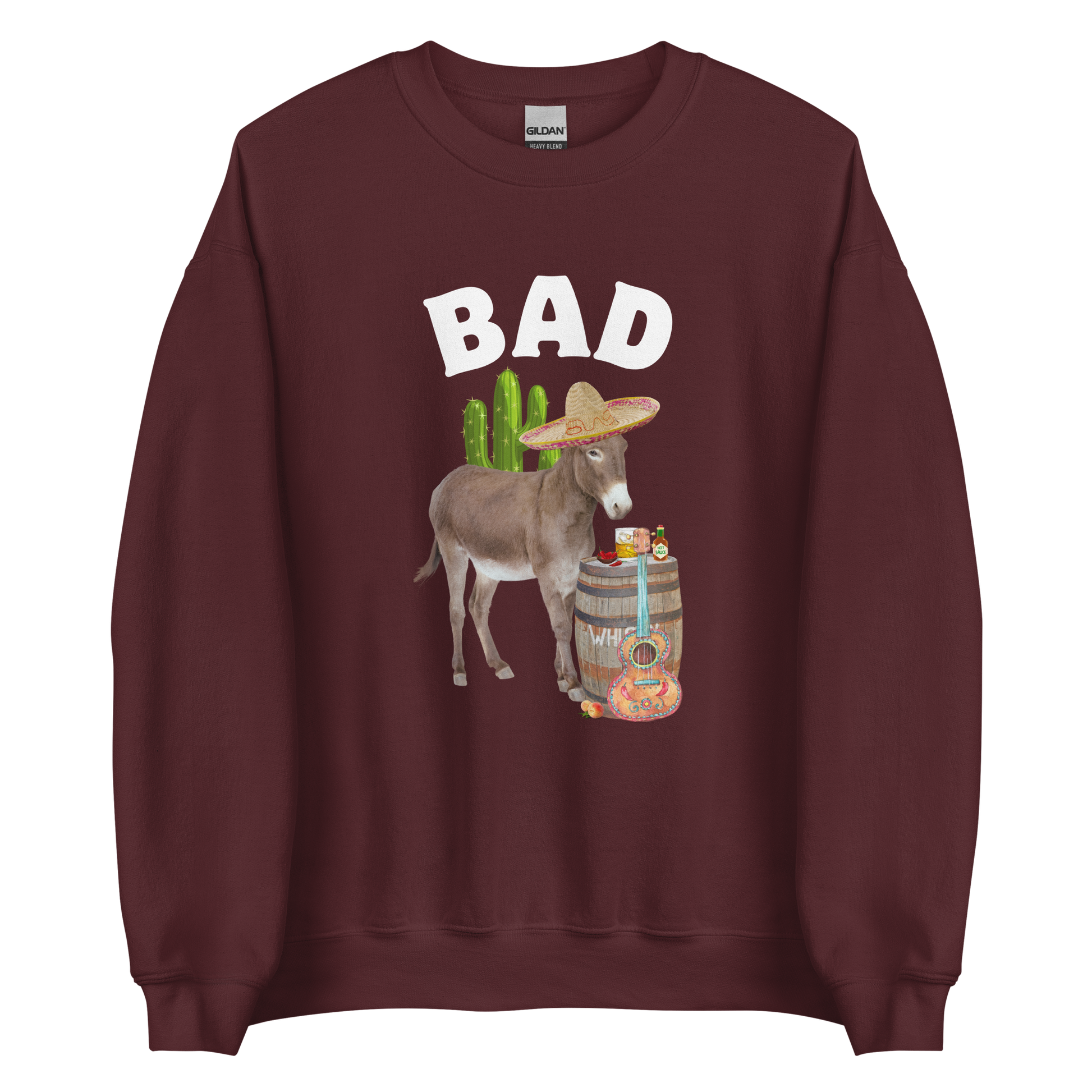 Maroon Donkey Sweatshirt featuring a Funny Bad Ass Donkey graphic on the chest - Funny Graphic Bad Ass Donkey Sweatshirts - Boozy Fox