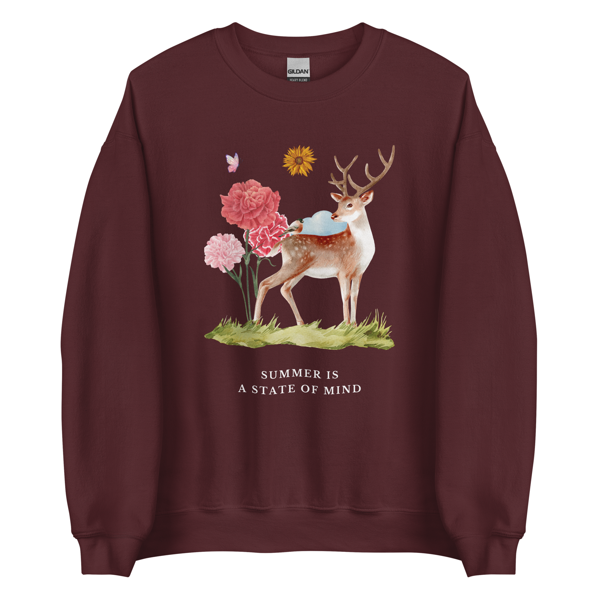 Maroon Summer Is a State of Mind Sweatshirt featuring a Summer Is a State of Mind graphic on the chest - Cute Graphic Summer Sweatshirts - Boozy Fox