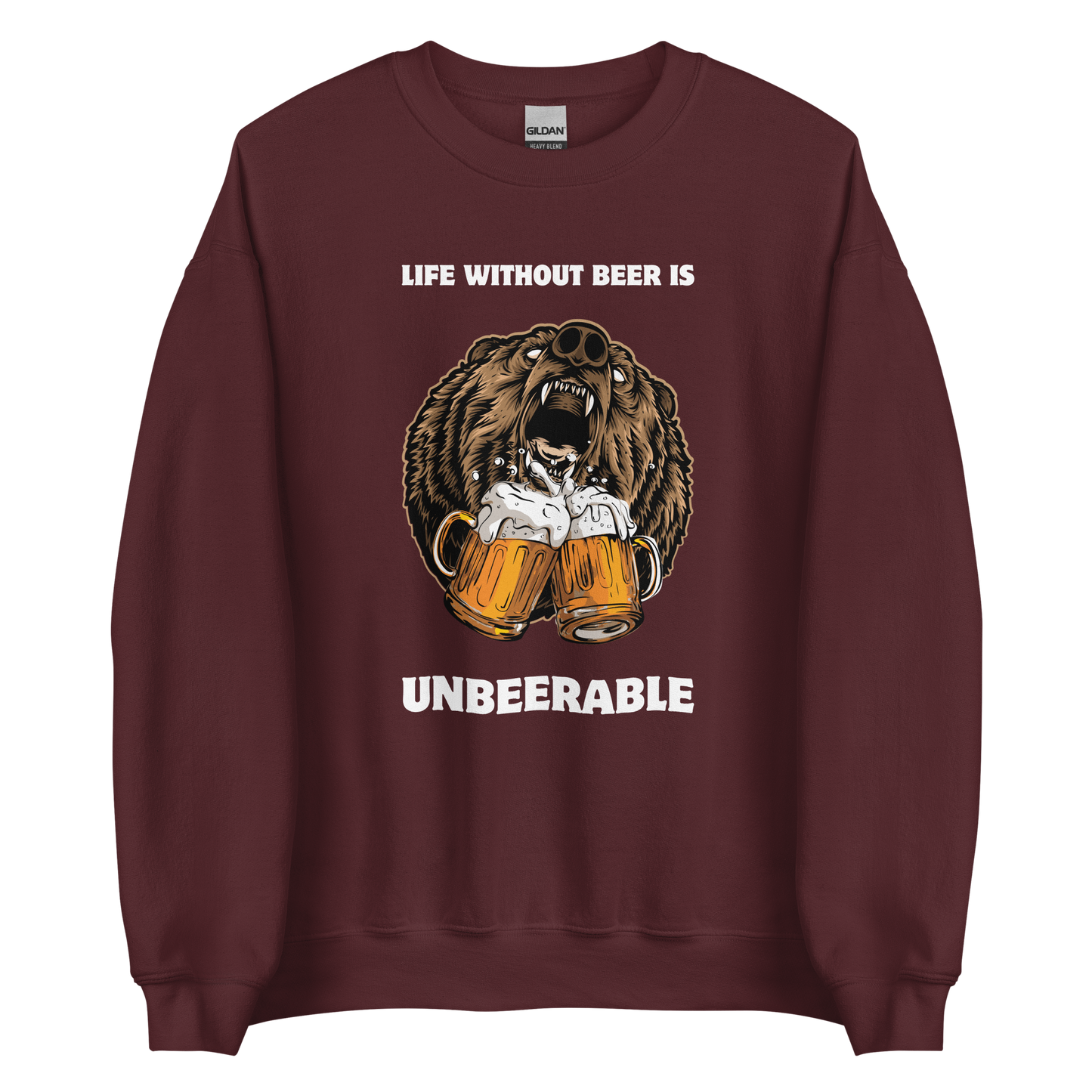 Maroon Bear Sweatshirt featuring a Life Without Beer Is Unbeerable graphic on the chest - Funny Graphic Bear Sweatshirts - Boozy Fox