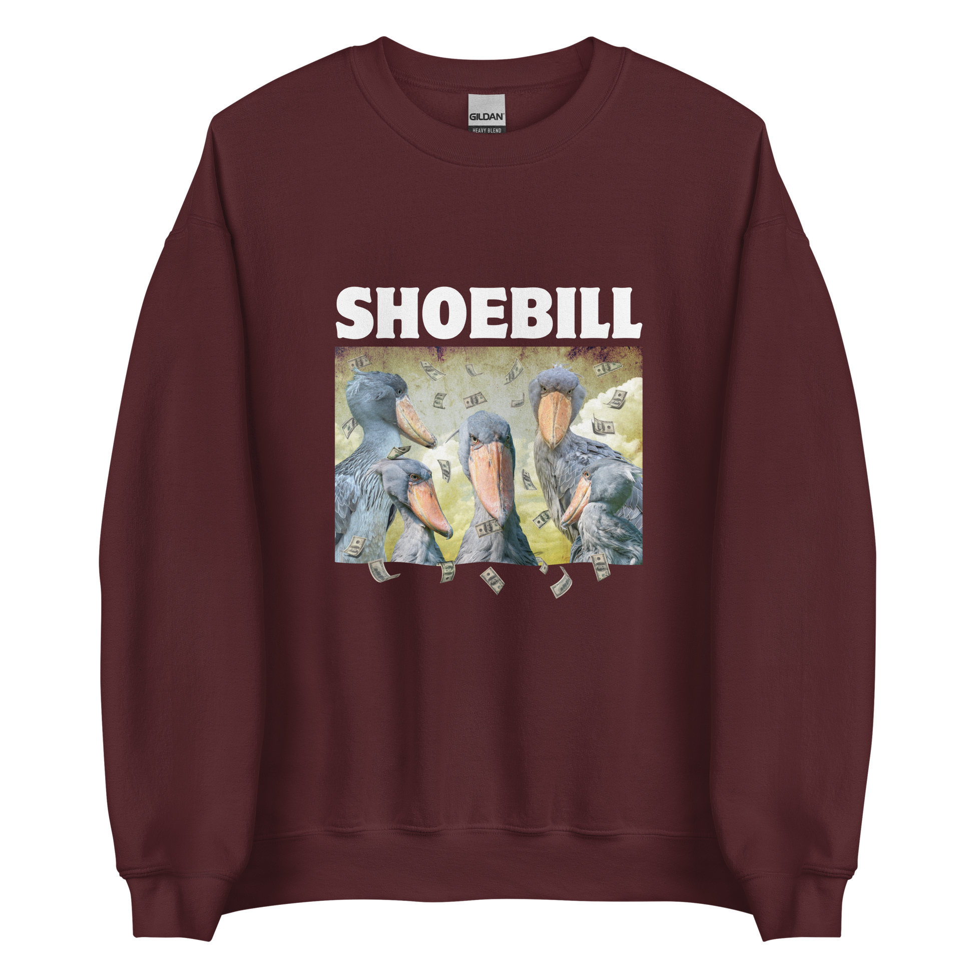 Maroon Shoebill Sweatshirt featuring a cool Shoebill graphic on the chest - Artsy/Funny Graphic Shoebill Stork Sweatshirts - Boozy Fox