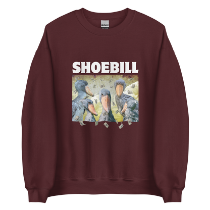 Maroon Shoebill Sweatshirt featuring a cool Shoebill graphic on the chest - Artsy/Funny Graphic Shoebill Stork Sweatshirts - Boozy Fox