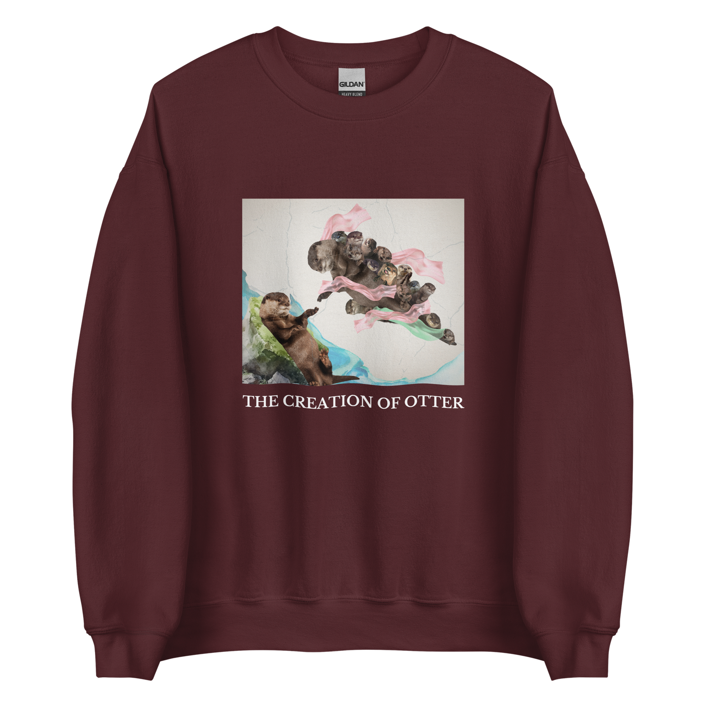 Maroon Otter Sweatshirt featuring a playful The Creation of Otter parody of Michelangelo's masterpiece - Artsy/Funny Graphic Otter Sweatshirts - Boozy Fox