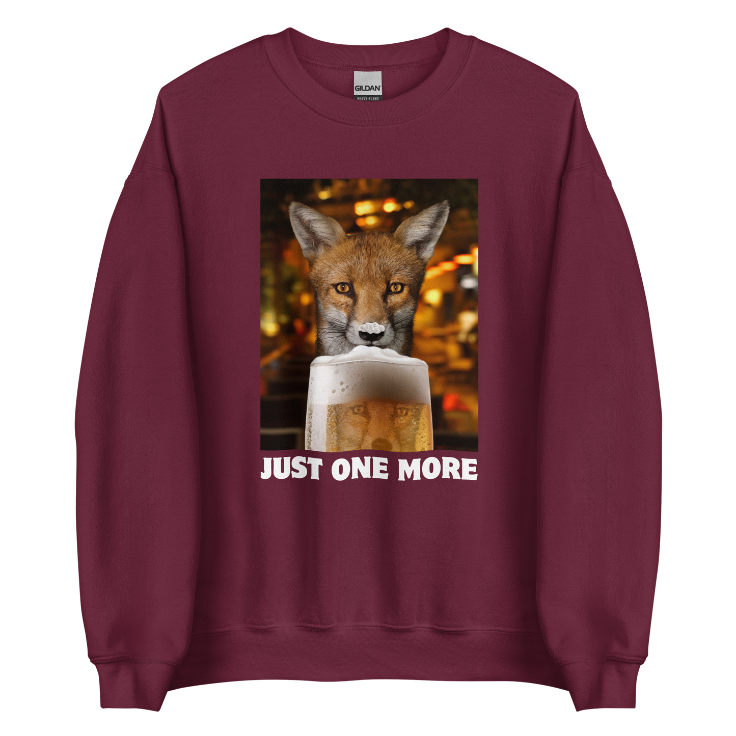 Funny Just One More Fox graphic sweatshirt in maroon by Boozy Fox