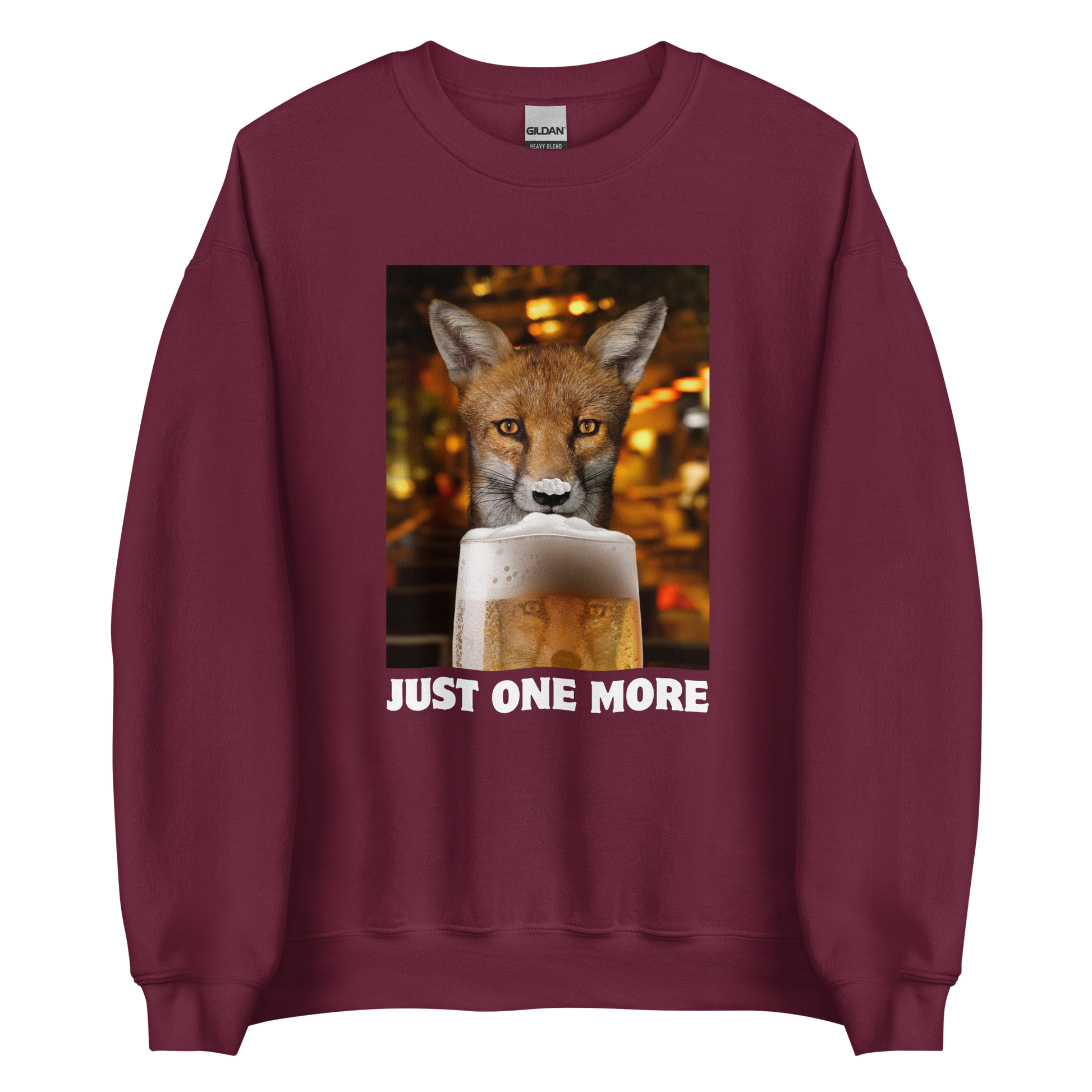 Funny Just One More Fox graphic sweatshirt in maroon by Boozy Fox
