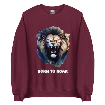 Funny Born to Roar Lion graphic sweatshirt in maroon by Boozy Fox