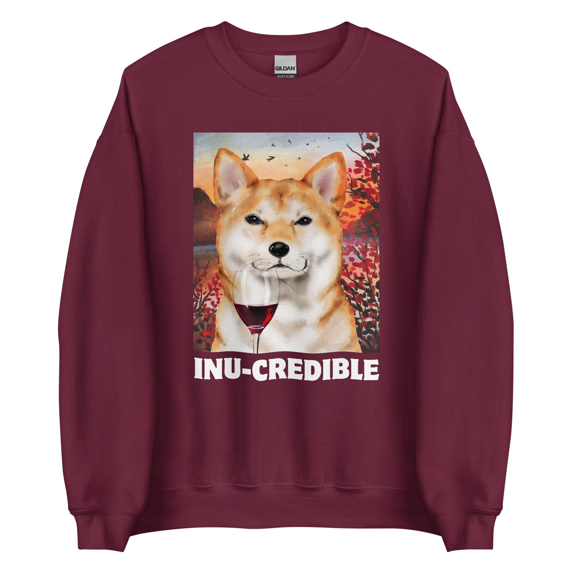 Funny Shiba Inu graphic sweatshirt in maroon by Boozy Fox